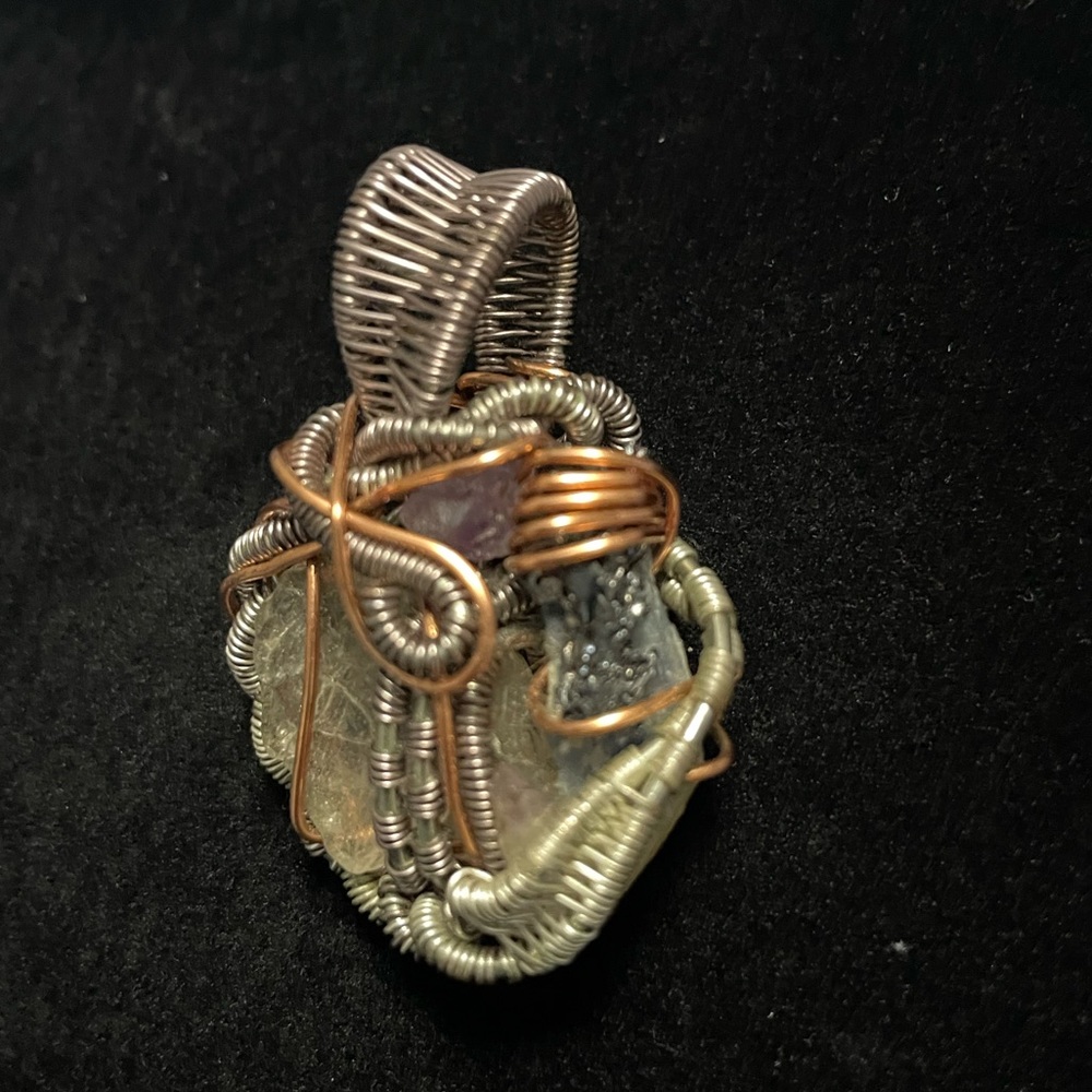 Wire wrapped pendant clear quartz, smoky quartz,amethyst, blue kyanite, stibnite